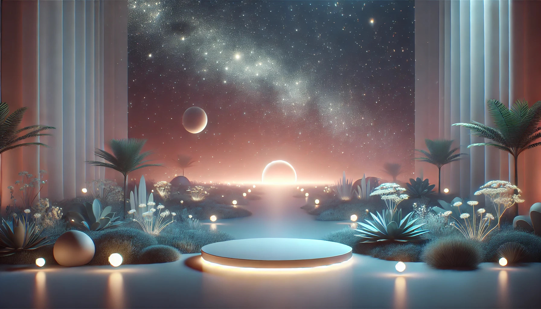 DALL·E 2024 07 14 23.48.46   A minimalist sci fi scene depicting a tranquil space garden with glowing plants and a soft, illuminated pathway. The garden is set against a backdrop 